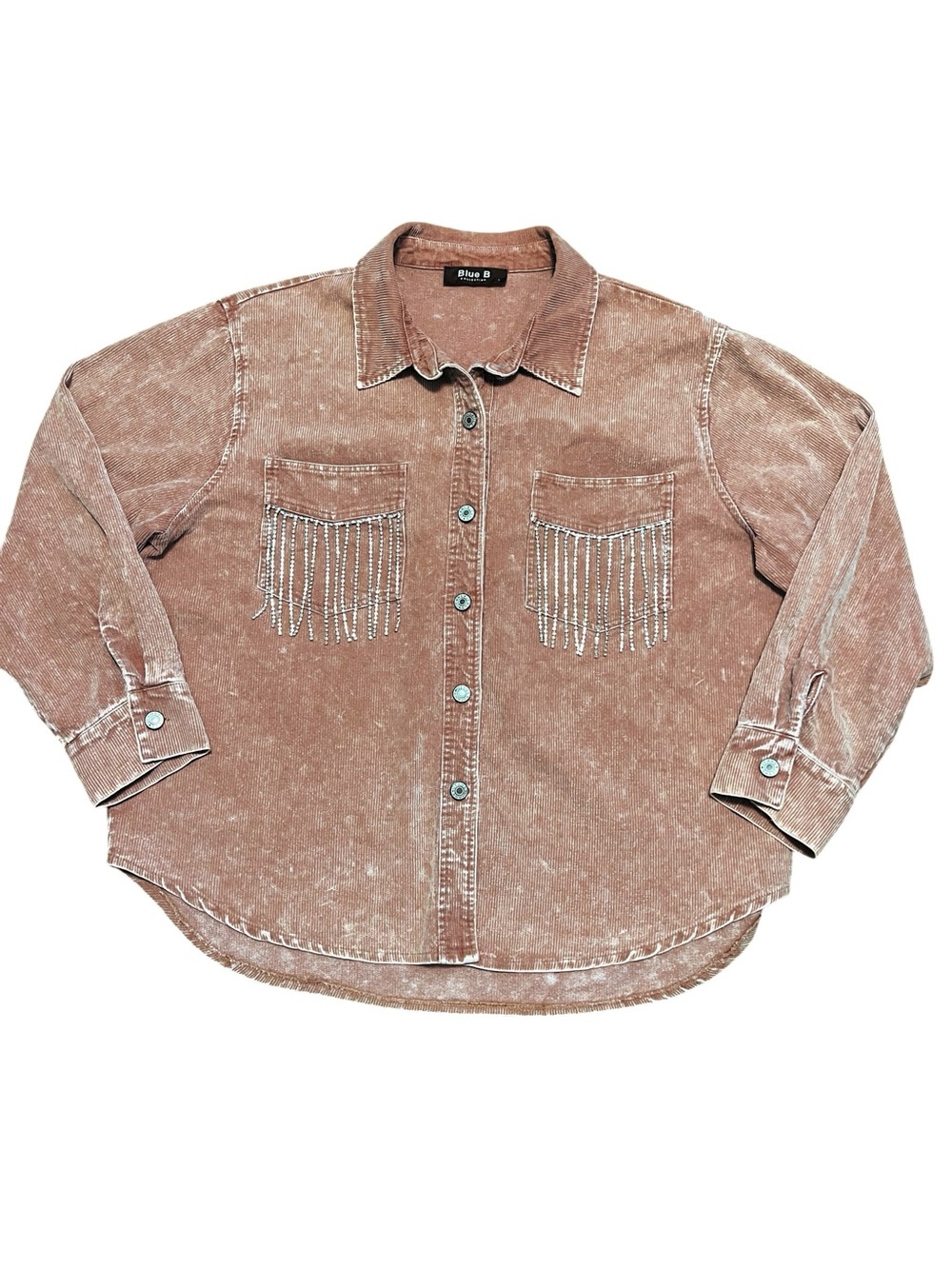 Women’s Pink Corduroy Shacket with Rhinestone Fringe Pocket Detail L - Picture 8 of 8